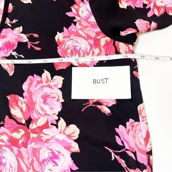 J. Crew Tie‎ Neck Long Sleeve Top XS black pink floral rose popover blouse flowy - Picture 11 of 12